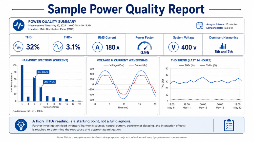 Power quality report showing high THDi and harmonic distortion